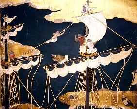 The Arrival of the Portuguese in Japan, detail of ship''s mast and crow''s nest, from a Namban Byobu