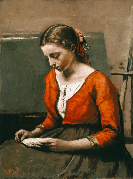 Junge lesende Frau in roter Bluse von Jean-Baptiste Camille Corot