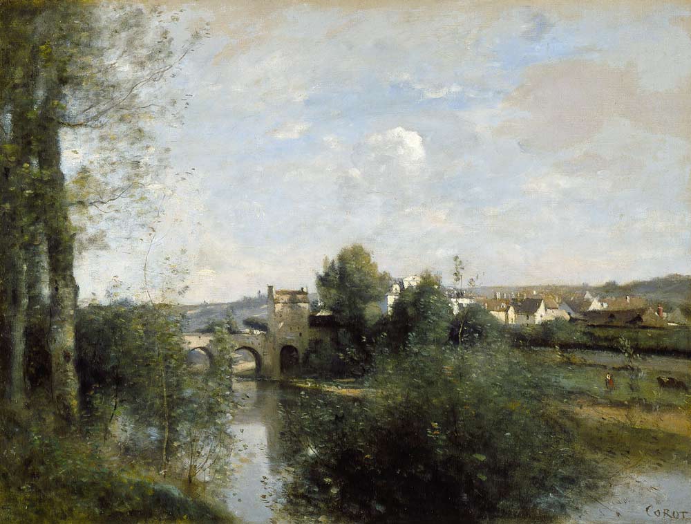 Seine und Alte Brücke bei Limay von Jean-Baptiste Camille Corot