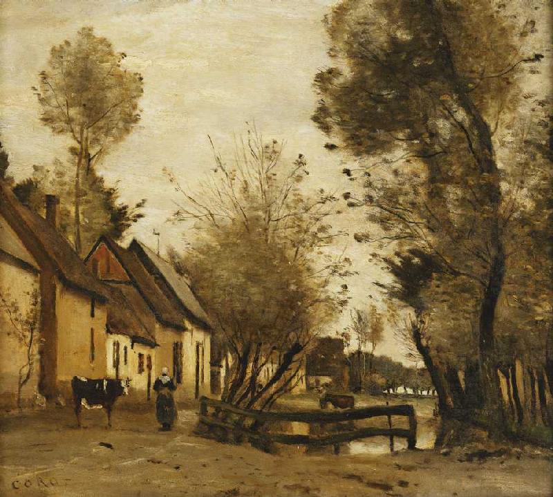 Flesselles, Straße mit Bauer und Kuh (Flesselles, une Rue avec une Paysanne et sa Vache) von Jean-Baptiste Camille Corot