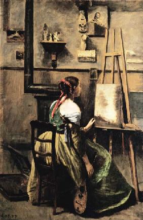 The Studio of Corot, or Young woman seated before an Easel, 1868-70 (oil on canvas) 14th