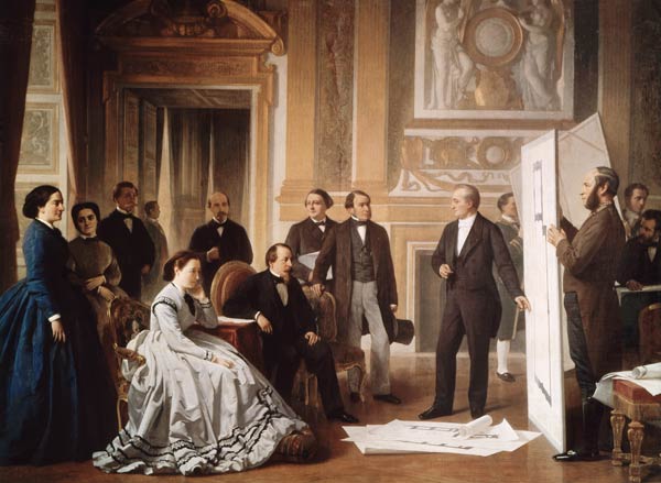 Louis Visconti (1791-) Presenting the New Plans for the Louvre to Napoleon III (1808-73) von Jean Baptiste Ange Tissier