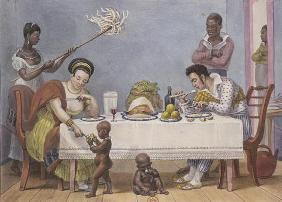 The Dinner, a white couple being served and fanned by black slaves, from 'Voyage Pittoresque et Hist 1829