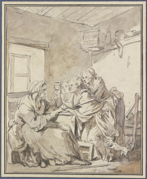Alte Frau, drei jungen Frauen aus einem Glase wahrsagend von Jean Baptiste Greuze