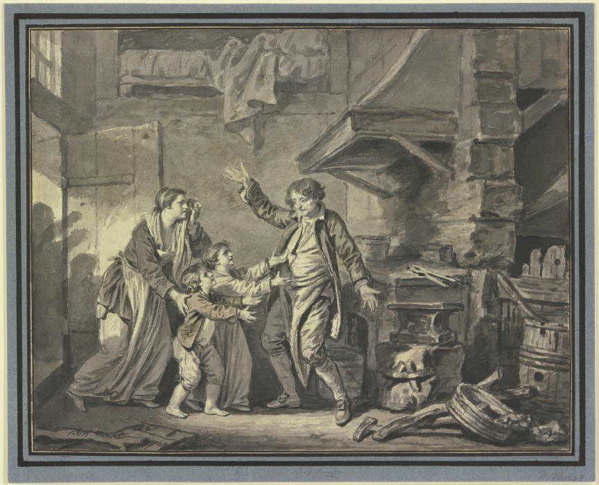In einer Schmiede fleht ein Weib mit zwei Kindern einen Mann an von Jean Baptiste Greuze