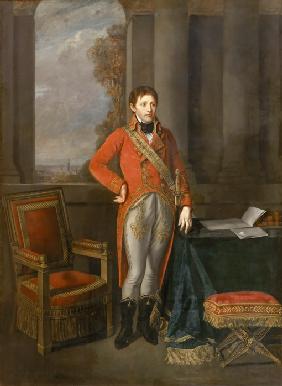Napoleon Bonaparte als Erster Konsul vor einer Stadtansicht Antwerpens 1803