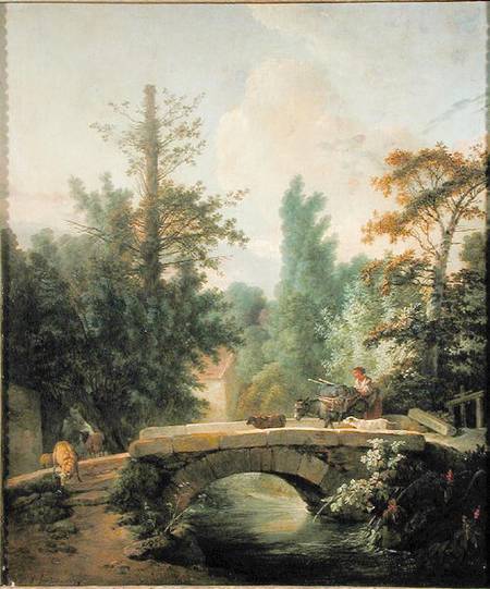 Peasant and her Donkey Crossing a Bridge von Jean-Baptiste Huet