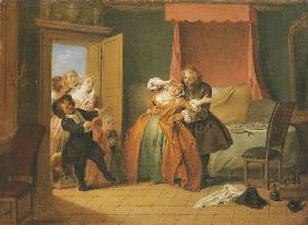 Madame Bouvillon öffnet Ragotin die Tür, der ihr an der Stirn eine Beule macht 1735