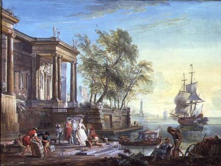 Port Scene with Setting Sun von Jean-Baptiste Lallemand