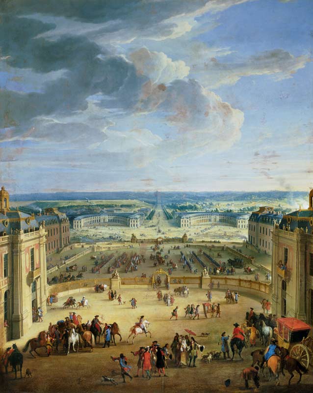 Perspective View from the Chateau of Versailles of the Place d'Armes and the Stables von Jean-Baptiste Martin