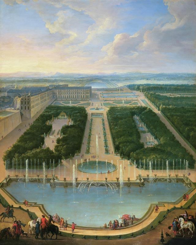 Perspective view of the chateau of Versailles seen from the Neptune Fountain von Jean-Baptiste Martin