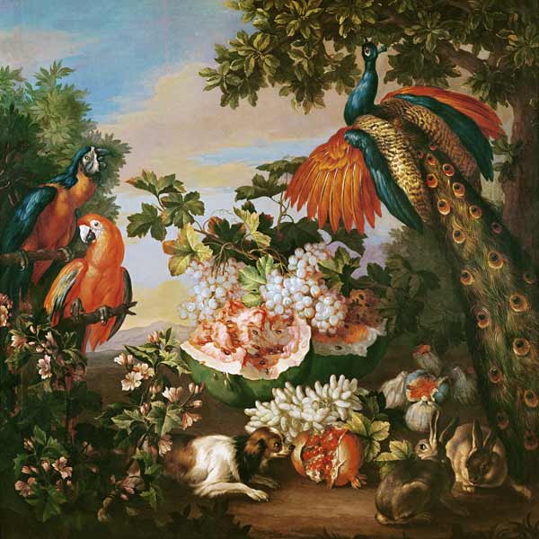 Fruit and Exotic Birds in a Landscape von Jean Baptiste Monnoyer