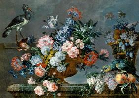 A Still Life of Fruit and Flowers with Birds