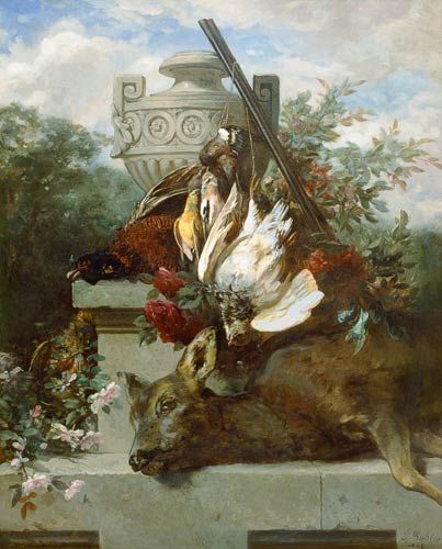 Jagdstilleben mit Vögeln, Reh und Blumen von Jean Baptiste Robie