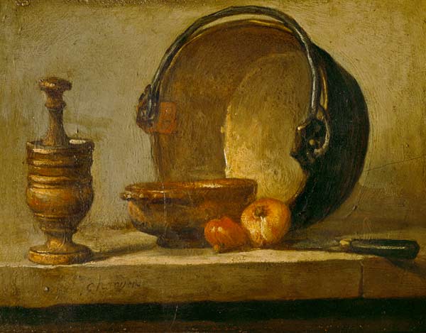 Stilleben mit Stößel, Schüssel, zwei Zwiebeln, Pfanne und Messer von Jean-Baptiste Siméon Chardin