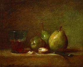 Birnen, Walnüsse und ein Glas Wein um 1768