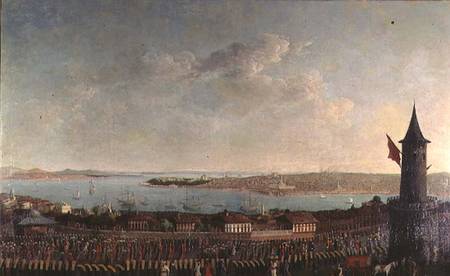 View of Constantinople with a procession of janissaries passing the Galata Tower von Jean Baptiste Vanmour
