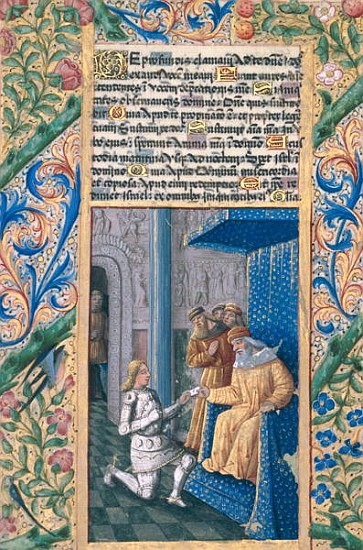 Ms Lat. Q.v.I.126 f.58v David sending Uriah to his death, from the ''Book of Hours of Louis d''Orlea von Jean Colombe
