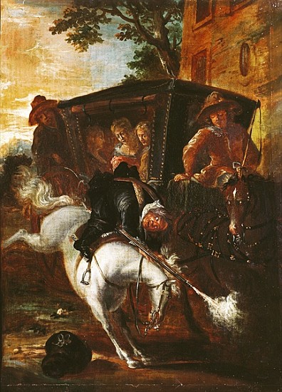 With a Musket on his Back, Ragotin Climbs onto his Horse to Accompany the Troupe, from ''Roman Comiq von Jean de Coulom