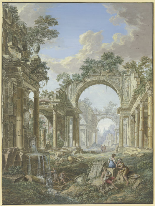 Römische Ruinen, links ein Brunnen, mit Staffage von Jean François Gout
