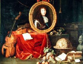 Still life with portrait of King Louis XIV (1638-1715) surrounded by musical instruments, flowers an 1672