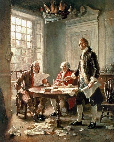 The Drafting of the Declaration of Independence in 1776: (LtoR) Benjamin Franklin (1706-90) John Adams