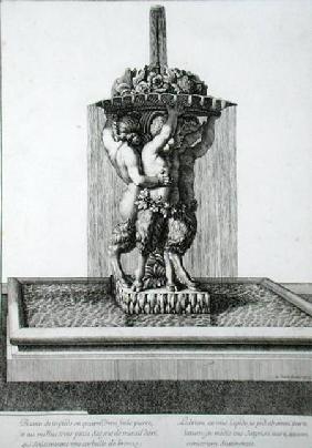 Three small satyrs holding a bowl of flowers, a fountain probably at Versailles, 1673, from 'Les Pla published