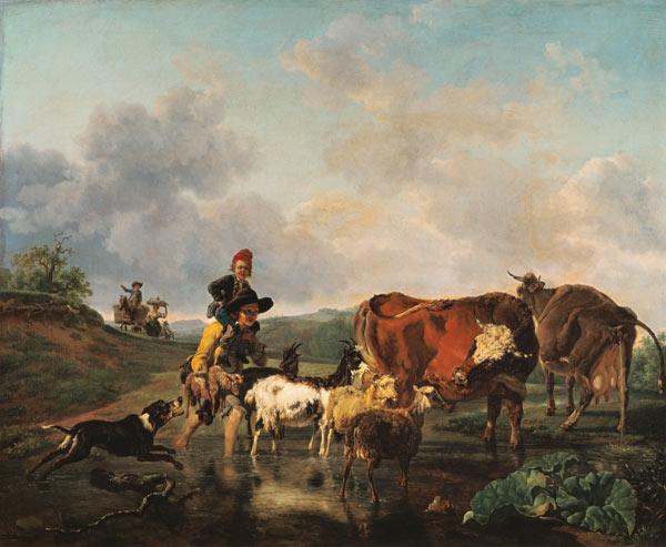 Bauer mit Herde beim Durchqueren eines Flusses. um 1800