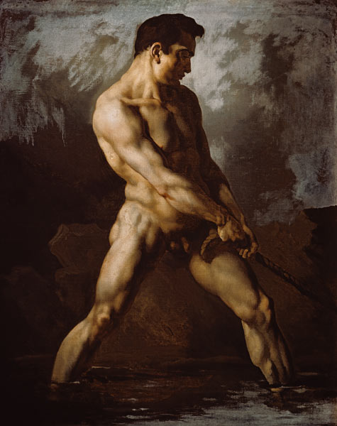 Aktstudie eines seilziehenden Mannes. von Jean Louis Théodore Géricault