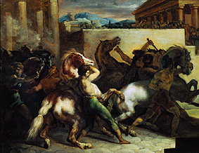 Wilde Pferde bei einem Rennen in Rom. von Jean Louis Théodore Géricault