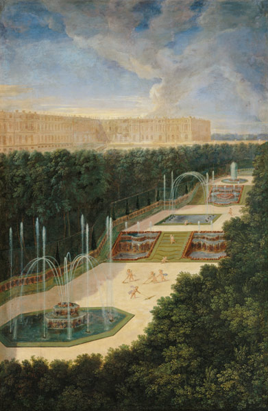 The Groves of Versailles, Perspective View of the Three Fountains with Cherubs Raking and Watering von Jean the Younger Cotelle