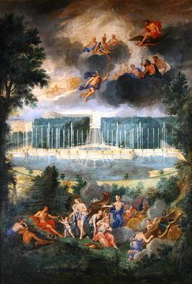 The Groves of Versailles. View of the pool of Neptune and walkway with the Judgement of Paris (oil o 1610