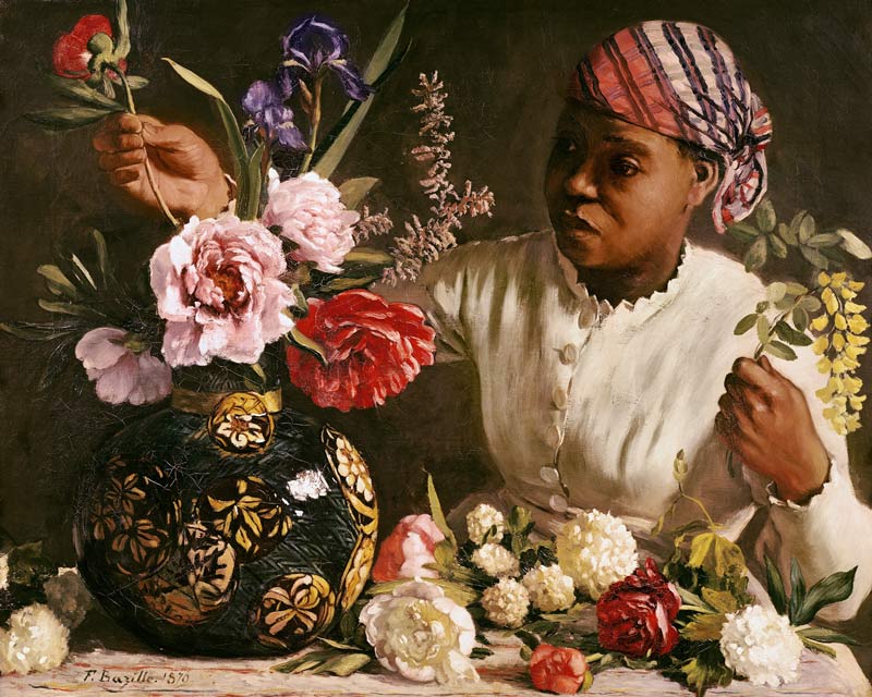 Schwarze Frau mit Pfingstrosen von Jean Frederic Bazille