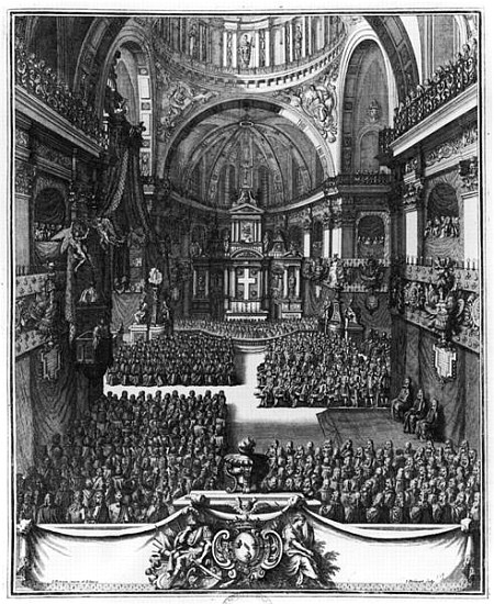 Funeral of Marie-Louise d''Orleans (1662-89) Queen of Spain, at the church St. Paul St. Louis, Paris von Jean II (the Younger) Berain
