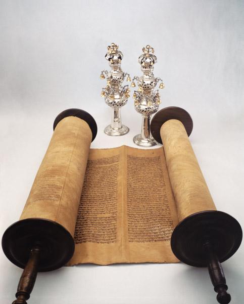 Torah scroll with Silver Crown finials (paper, wood & silver) 1912