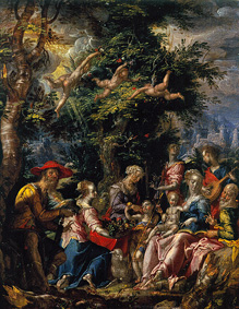 Landvolk bringt der heiligen Familie einen Korb mit Obst. von Joachim Antonisz Wtewael