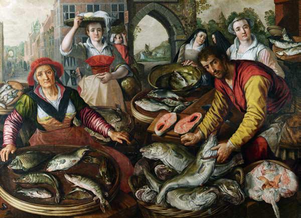 Die vier Elemente: Wasser. Fischmarkt mit dem wunderbaren Fischzug im Hintergrund 1569