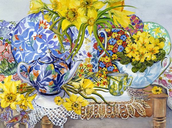 Daffodils, Antique Jugs, Plates, Textiles and Lace von Joan  Thewsey