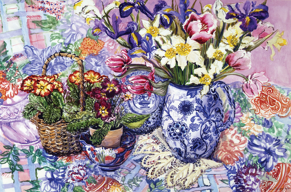 Daffodils, Tulips and Iris in a Jacobean Blue and White Jug with Sanderson Fabric and Primroses von Joan  Thewsey