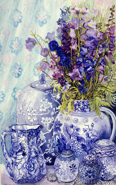 Delphiniums with Antique Blue Pots von Joan  Thewsey