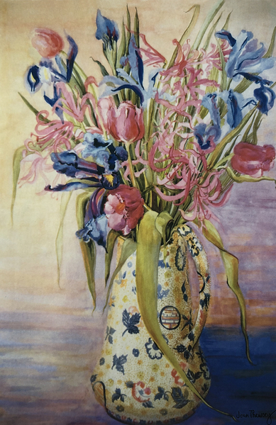 Iris, Tulips and Pink Spider Lilies in a Japanese Jug von Joan  Thewsey