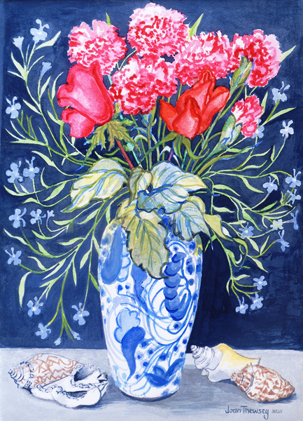 Roses, Carnations and Lobelia in a Blue and White Vase,3 Shells Textiles von Joan  Thewsey