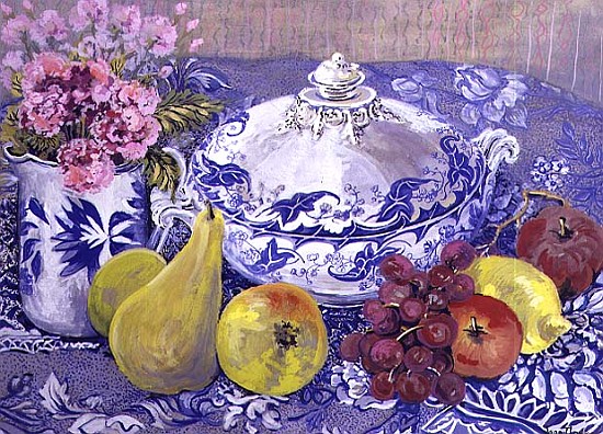 The Blue and White Tureen with Fruit (w/c)  von Joan  Thewsey