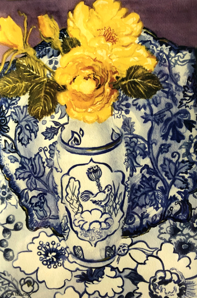 Yellow Roses in a Blue and White Vase with Patterned Blue and White Textiles von Joan  Thewsey