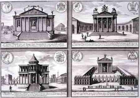 View of Four Temples taken from Roman Coins, from 'Entwurf einer historischen Architektur', engraved von Johann Bernhard Fischer von Erlach