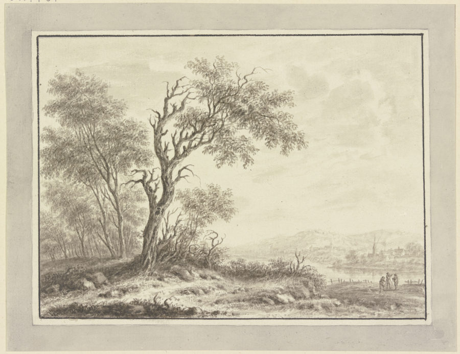 Baumgruppe an einem Flußufer, im Hintergrund ein Dorf von Johann Caspar Zehender