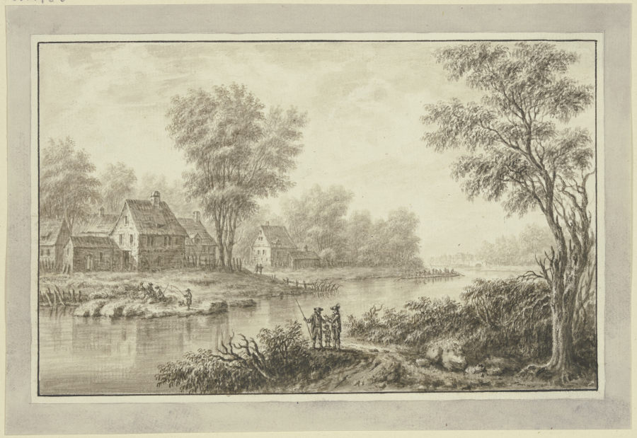 Blick auf einen Fluß, am linken Ufer eine Häusergruppe unter Bäumen, im Vordergrund eine Anglergrupp von Johann Caspar Zehender
