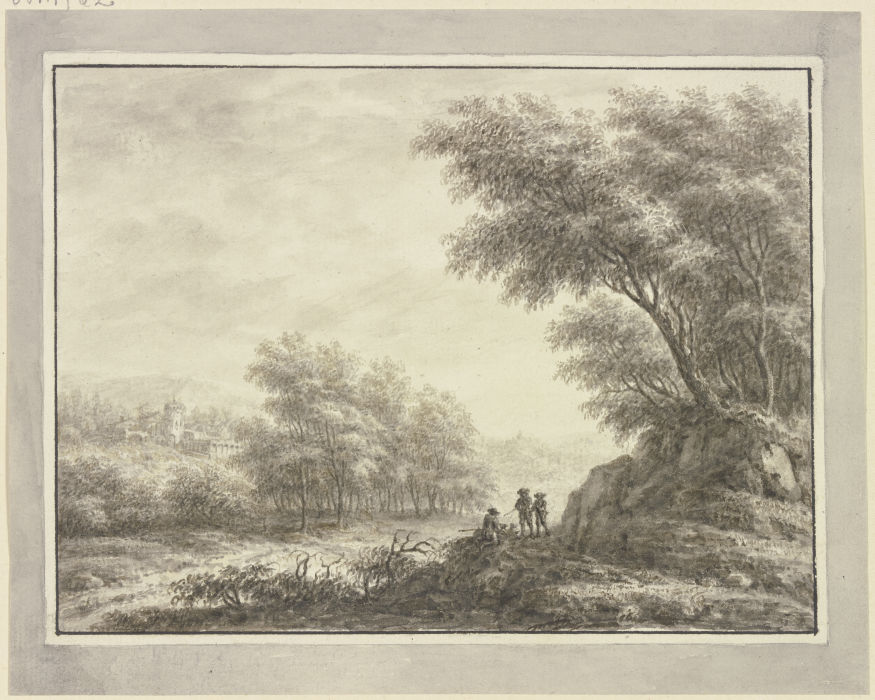 Waldweg mit drei Jägern, links Durchblick auf eine Schloßanlage von Johann Caspar Zehender