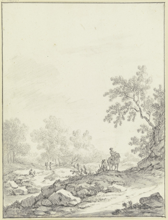 Hügeliges Gelände mit Bäumen und Gestein, im Vordergrund ein Reiter und ein sitzender Mann, links dr von Johann Christoph Dietzsch