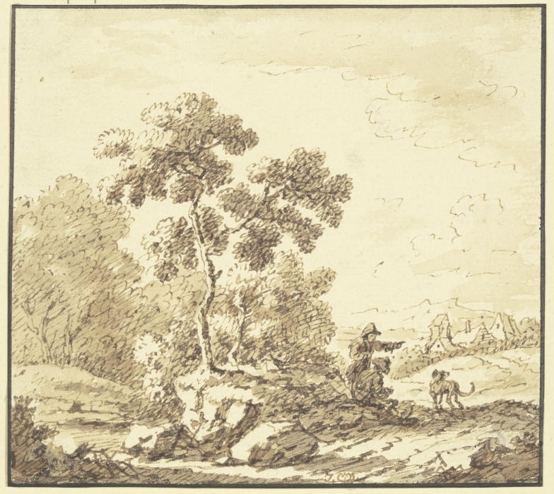 Waldrand, rechts Ausblick auf ein Dorf, am Weg ein stehender und ein sitzender Mann mit einem Hund von Johann Christoph Dietzsch